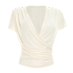 Viviblook Y26TP200 Women Summer T-Shirt New Short Sleeved V-Neck <b>Cross</b> Pleated Casual <b>Top</b> - Product Image 4