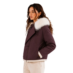 Chaqueta con capucha de piel sintética para <span class=keywords><strong>mujer</strong></span>, abrigo <span class=keywords><strong>acolchado</strong></span> cálido de invierno, con dobladillo en contraste, casual, con cremallera, tipo <span class=keywords><strong>anorak</strong></span>, con solapa asimétrica - Product Image 2