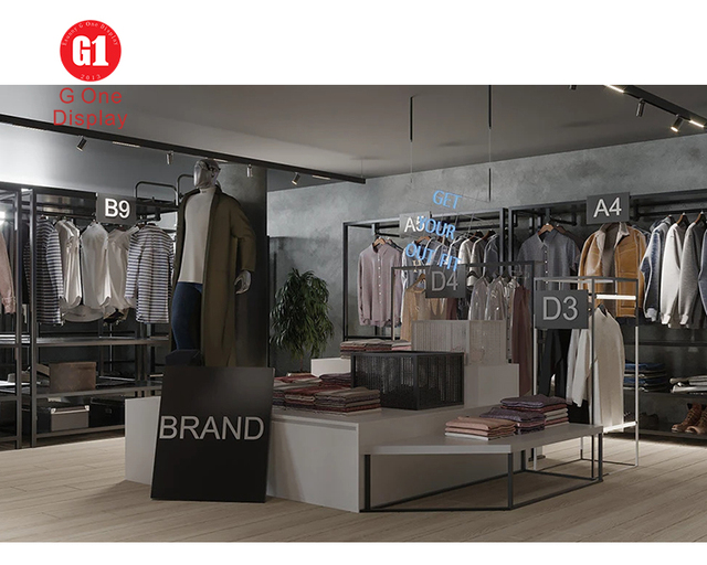 Modern Clothing Store Showcases Custom Stone Island Counter Stainless Steel Clothing Shelves for Clothes Shop Display Design