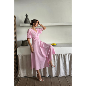 Robe Courte Décontractée en Lin de Haute Qualité à Col en V - Rose Uni Tendance avec Boutons sur le Devant et Pompons, Taille Unique XS-XL pour Fête de Jour Printemps - Product Image 5
