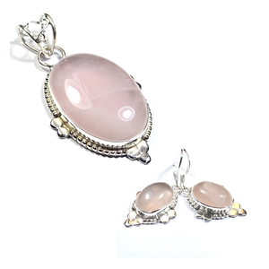 Rose Quartz 925 Sterling Silver Pendant Earrings Jewelry Set With Elegant Handmade Design For Women Wholesale Fashion - Product Image 2