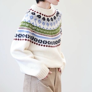 NARI Daily Women's Oversized Crew Neck Fair Isle Wool Knitted Sweater Pullovers <span class=keywords><strong>Pull</strong></span> <span class=keywords><strong>de</strong></span> <span class=keywords><strong>ski</strong></span> chaud et à manches longues <span class=keywords><strong>de</strong></span> style coréen - Product Image 6
