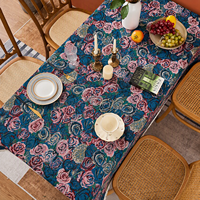 Nappe de table en textile d'intérieur, tissu jacquard à grandes roses aux couleurs riches avec bordure à pompons, couverture de table décorative
