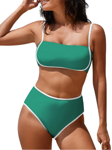 Ensemble de bikini bandeau vert pour femme, maillot de bain deux pièces taille haute avec bordure contrastante, extensible, couleur unie - Product Image 1