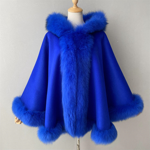 Moda sıcak satış popüler kapşonlu kaşmir panço pelerin ile gerçek tilki kürk Trim kadın çift taraflı yün panço - Product Image 4