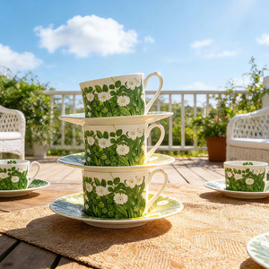 White Daisy <b>Floral</b> Porcelain Coffee Cup Set Elegant Green Leaf Pattern Ceramic Tea Cup For Afternoon Tea Home Decor And Gift - Product Image 3