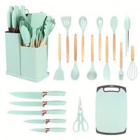 Ensemble d'ustensiles de cuisine en silicone avec manche en bois, 19 pièces, écologiques, compatibles lave-vaisselle, avec seau de rangement combiné, outils de cuisine