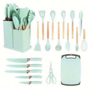 19-Piece Eco-Friendly Dishwasher Safe <b>Wooden</b> Handle Silicone <b>Kitchen</b> Utensil <b>Set</b> with Combination Storage Bucket Cooking Tools - Product Image 4