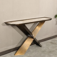 Droite moderne en acier inoxydable, en forme de X, italien, couleur or, haut en marbre, Console de couloir, Table avec miroir mural, offre spéciale