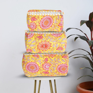 New Taste India Floral Bohemian Large 100% Cotton Quilted <b>Cosmetic</b> Bag Set Yellow Zipper Closure Foldable Makeup <b>Organizer</b> - Product Image 2