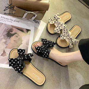 Pantoufles d'été à nœud pour femmes 2022, chaussures à pois, sandales de plage, à fleurs, pantoufles plates - Product Image 2