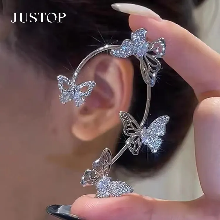 Trend 2023 Exquisite Diamond Hook No Ear Hole Cuff Silver Non-Piercing Clip Crystal Hoop Cartilage butterfly Earrings