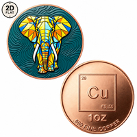 Pièce de monnaie en cuivre pur 999 de 1 oz, personnalisée en gros, imprimée en couleur 2D, motif éléphant style vitrail géométrique sur fond tourbillonnant turquoise