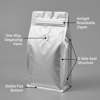 Sac d'emballage pour grains de café imprimé sur mesure avec valve de dégazage, pochette à fond plat, scellage sur huit côtés, sac en aluminium refermable