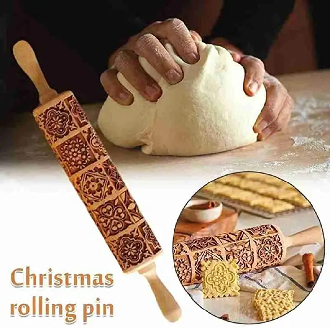 Deep Carved Wooden Rolling Pin for Baking Embossed Cookies Kitchen Pastry Board with Laser Logo Kitchenware