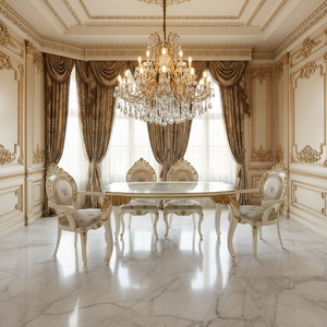 ชุดโต๊ะอาหารไม้แกะสลักสไตล์ยุโรป รูปทรงสี่เหลี่ยมผืนผ้า พร้อมเก้าอี้ 7 ชิ้น เฟอร์นิเจอร์บ้าน ลายทอง สำหรับอพาร์ทเมนต์ขนาดเล็ก - Product Image 3