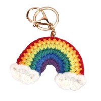 Lucu Crochet buatan tangan empat daun semanggi bunga hati gantungan kunci benang rajutan pelangi boneka Crochet gantungan kunci tas pesona untuk wanita