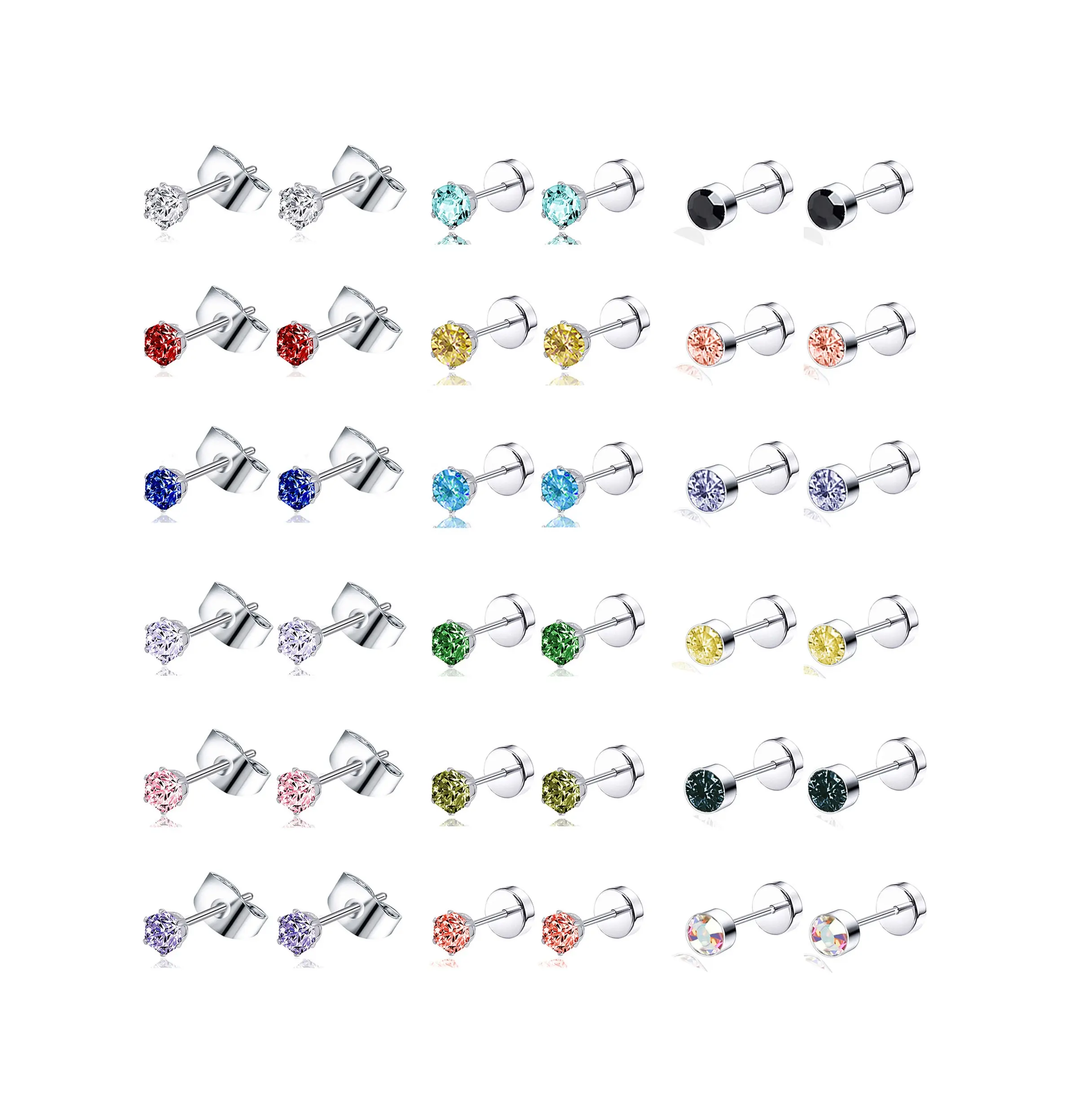 Stainless Steel Multicolor CZ Stud Earrings Set Piercing Cartilage Helix Earrings Set Screwback For Women