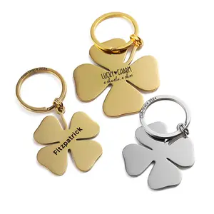 Custom Key Chains Wholesale Gold Silver Four-Leaf Clover Metal Keychains Laser Engraving Letter Logo Stainless Steel Keyring