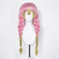 Perruque de cosplay en gros de haute qualité, 100 cm de long, rose et verte mélangée, en fibre synthétique, style anime avec trois tresses pour le cosplay