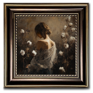 Peinture à l'huile rétro, art mural, vue arrière de <span class=keywords><strong>femme</strong></span> avec <span class=keywords><strong>fleurs</strong></span> de coton, cadre vintage foncé, échantillons de décoration intérieure prêts en moins d'une journée - Product Image 1