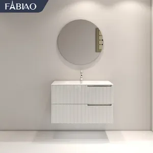 Customized 90CM Restroom Furniture Vanities And Comb Floating Bathroom Cabinet White Wall Mounted Lighted Vanity Sink