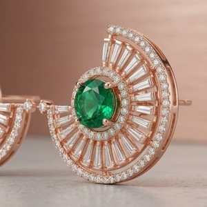 Parure de collier et boucles d'oreilles en argent 925 plaqué or rose italien avec pierre verte, bijoux de luxe pour mariée et soirée pour femme - Product Image 4