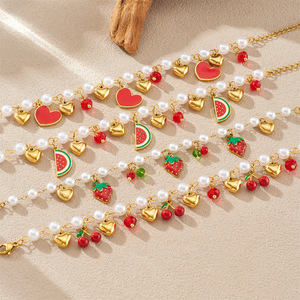 Fruit Series Pearl Chain Gold Plated Strawberry Cherry Watermelon Pendant Bracelet Women's Jewelry Gift - Product Image 1