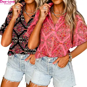 Dear-Lover OEM ODM Wholesale Fashion Spring Summer Elegant Deep V Neck Ruffle Boho Floral Print Chiffon Shirts Tops Women Blouse