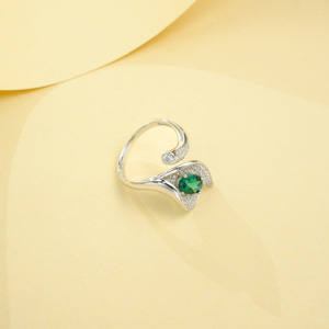 Lab Created <b>Emerald</b> <b>Ring</b> 925 Sterling <b>Silver</b> Leaf Shape Open Adjustable <b>Ring</b> with Moissanite Accents for Women K - Product Image 4