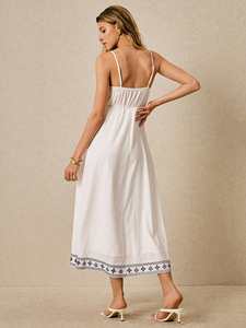 Vestido Largo Blanco Casual Elegante para Mujer, Tirantes Finos, Espalda Descubierta, Bordado Azul, Maxi, 100% Algodón Tejido, Cintura Natural - Product Image 3