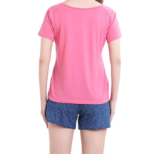 Conjunto de 2 Piezas para Mujer, Top Corto Rosa Sólido de Manga Corta con Pantalones Cortos Azules Estampados, Corte Holgado Informal para Primavera/Verano, 280 gsm - Product Image 2