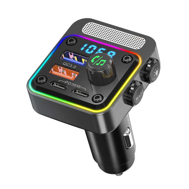 54W BT 5.3 Car Adapter with 4 Charging Ports Wireless Radio FM Transmitter with Deep Bass Player 5 Colors LED Backlit