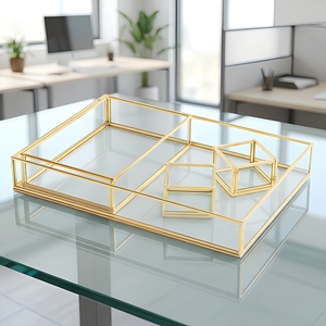 Minimalist Modern Home and Office Use Brass and Glass Organizer Set of Four Trays for Storage - Product Image 1