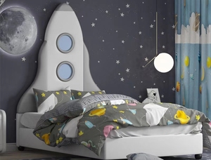 Lit de jour pour enfants Rocket Ship en bois massif, moderne et confortable, avec rangement et design aventure de dessin animé pour chambre à coucher - Product Image 3