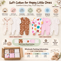 100% Katun Lembut Gaya Eropa Baju Bayi Baru Lahir dengan Kaki Terpasang Set 3 Potong dengan Cetakan Kartun untuk Usia 0-9 Bulan Pasokan Grosir