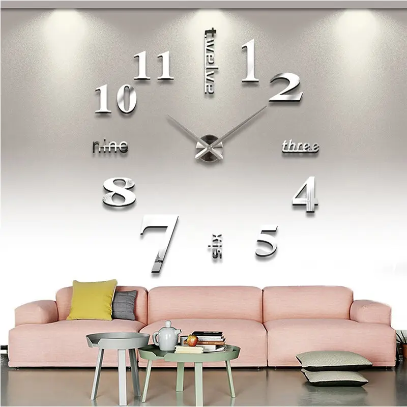 Large Fashion 3D DIY Acrylic Mirror Sticker Hanging Quartz Silent Wall Clock for Home Decor