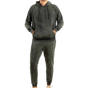 Custom Mens 2 in 1 Hooded Washed Cotton Hoodie & Full Length Pants Tracksuit <b>Set</b> Solid Color Casual Side Pockets Winter Wear - Product Image 1
