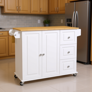 Carrello da Cucina con Ruote e Piano Ribaltabile, 3 Cassetti, Top in Legno Naturale Bianco, Design Moderno - Product Image 2