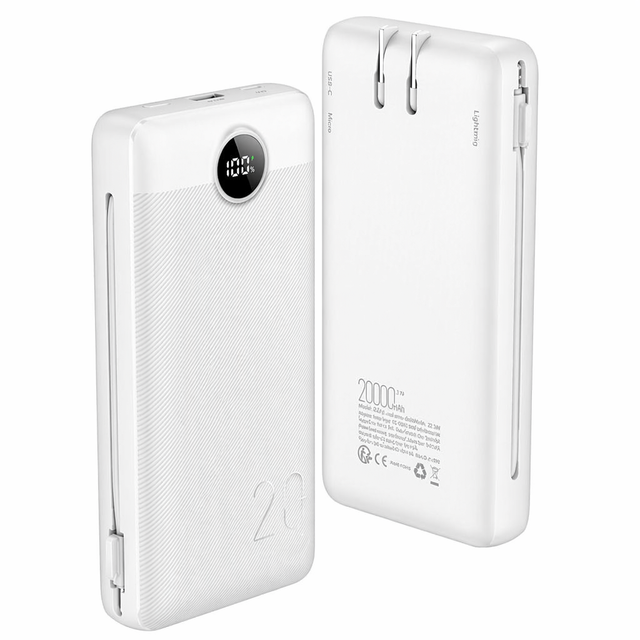 20000mah Portable Power Bank With Built-in Wall Plug and 3 Charging Cables Fast Charging Battery Pack for Airplane Travel