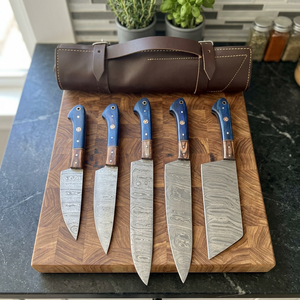 Damascus Steel Kitchen <b>Knife</b> <b>Set</b> 5-Piece Wood Handle Straight Back Bevel Edge Chef <b>Knives</b> - Product Image 1