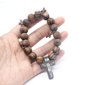 Dreamwork moda religiosa hombres mujeres pulseras cruzadas 10mm pulsera de cuentas de madera pulsera elástica brazalete mano cadena regalos - Product Image 3