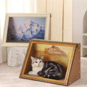 Cama para Gatos de Cartón, Rascador para Gatos, Marco de Fotos con Pintura al Óleo Reemplazable, Casa de Seguridad para Gatos, Universal para Todas las Estaciones, Grande - Product Image 1