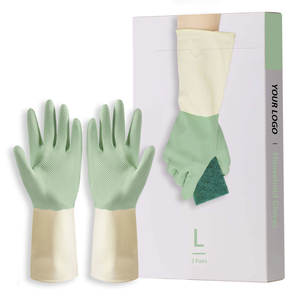 Guantes de limpieza de látex de goma para el hogar <span class=keywords><strong>bicolor</strong></span> con forro Flocado de puño largo mejorado con guantes impresos para limpieza el hogar - Product Image 1