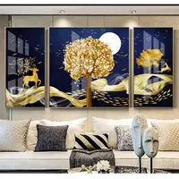 高品質のアジアスタイルの風景3パネル絵画ゴールデンツリー鹿クリスタル磁器絵画リビングルームの装飾