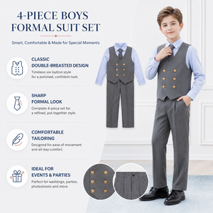 Traje Formal <span class=keywords><strong>de</strong></span> 4 Piezas <span class=keywords><strong>para</strong></span> Niños al por Mayor: Chaleco Cruzado, Camisa, Corbata y Pantalones - Atuendo <span class=keywords><strong>de</strong></span> Caballero <span class=keywords><strong>para</strong></span> Niños, Porta Anillos <span class=keywords><strong>de</strong></span> Boda - OEM - Product Image 5