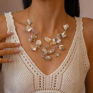 Kaimei เครื่องประดับแฟชั่น2025สร้อยคอลูกปัดคริสตัลหลายชั้นไม่สม่ำเสมอสร้อยคอชั้นเปลือกหอยสีฟ้าของผู้หญิงระดับไฮเอนด์ - Product Image 3