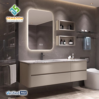 Ensemble de meubles de salle de bain modernes en bois massif de style farmhouse avec miroir LED, robinet mural en cuivre et lavabo en céramique – Garantie 5 ans