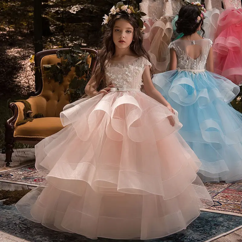 Vestido de baile infantil elegante com contas rosa, vestido de baile infantil de comprimento total, vestido de noiva infantil inchado para meninas