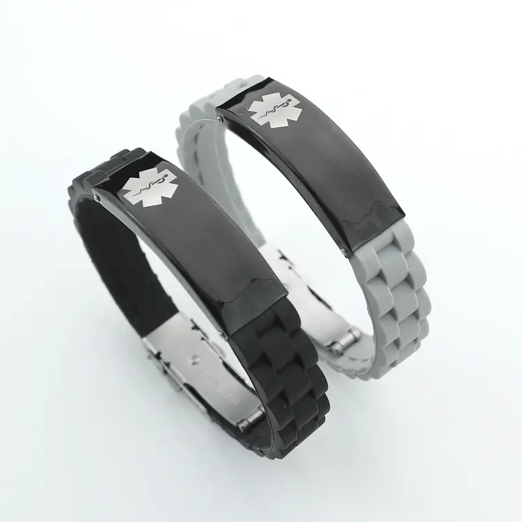 Produttori LOGO personalizzato 14mm gomma siliconica gioielli medici in acciaio inossidabile incidere spazi vuoti braccialetto di allarme medico